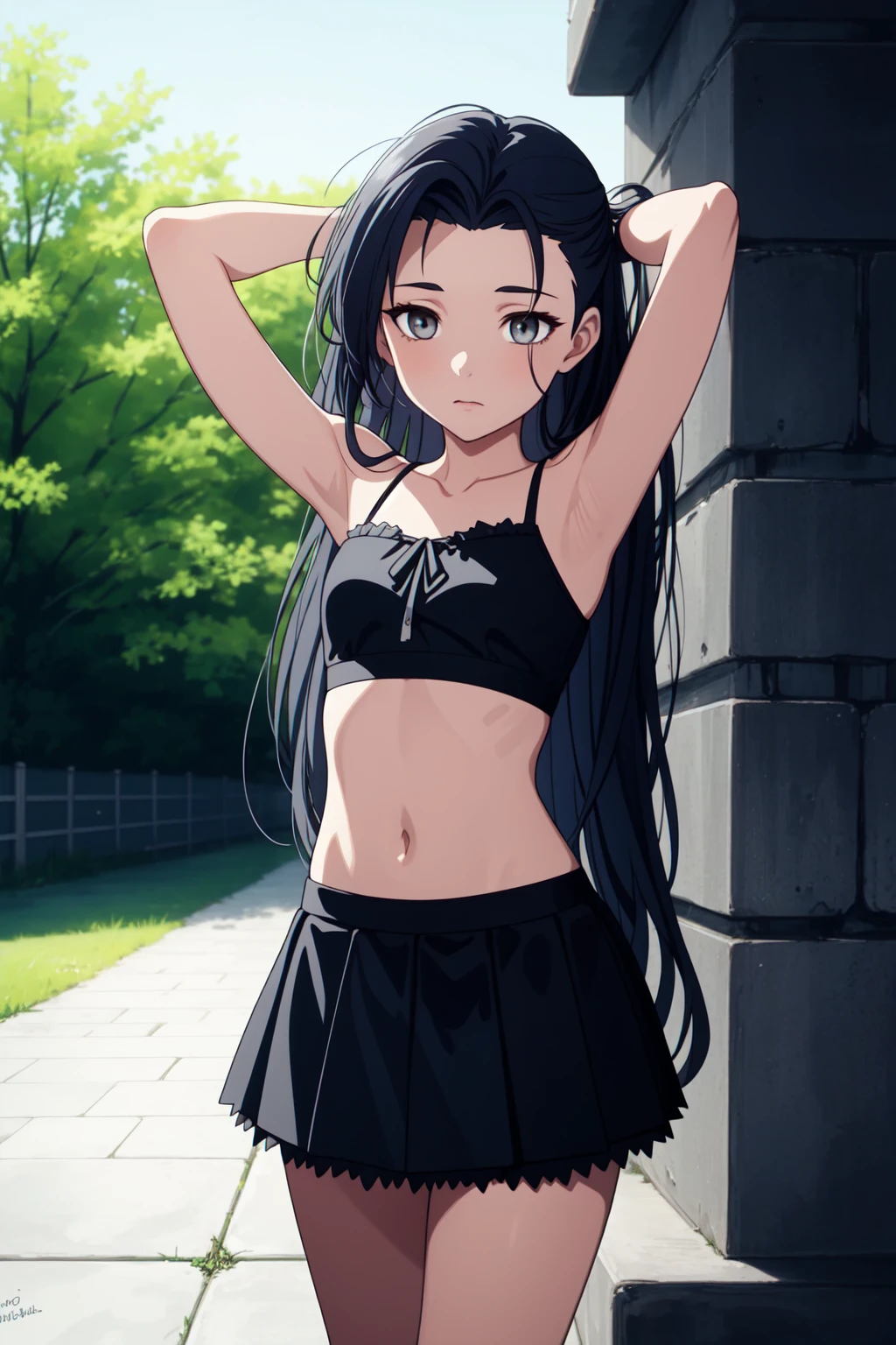 (masterpiece, best quality, SFW:1.2), celestial, tendrils, post-processing, soft lighting
BREAK
1girl, bashful, looking down, forehead, (cute, petite:1.2), flat_chest,  (gainsboro hair, absurdly long hair, undercut, messy hair:1.2), (dark late gray eyes:1.2)
BREAK
(blue violet tube top, fur trim,  skirt, )
BREAK
breast focus,close-up, arms up
BREAK
outdoors, stone walkway