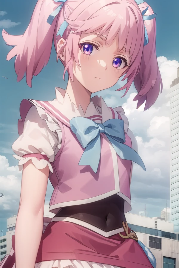 mamikakirameki, <lora:mamika kirameki s1-lora-nochekaiser:1>,
mamika kirameki, twintails, (purple eyes:1.1), pink hair,
BREAK skirt, gloves, magical girl, bike shorts, heart, bow, blue bowtie, puffy sleeves, frills,
BREAK outdoor, city, sky, buildings, sun, clouds,
BREAK looking at viewer, (cowboy shot:1.5),
BREAK <lyco:GoodHands-beta2:1>, (masterpiece:1.2), best quality, high resolution, unity 8k wallpaper, (illustration:0.8), (beautiful detailed eyes:1.6), extremely detailed face, perfect lighting, extremely detailed CG, (perfect hands, perfect anatomy),