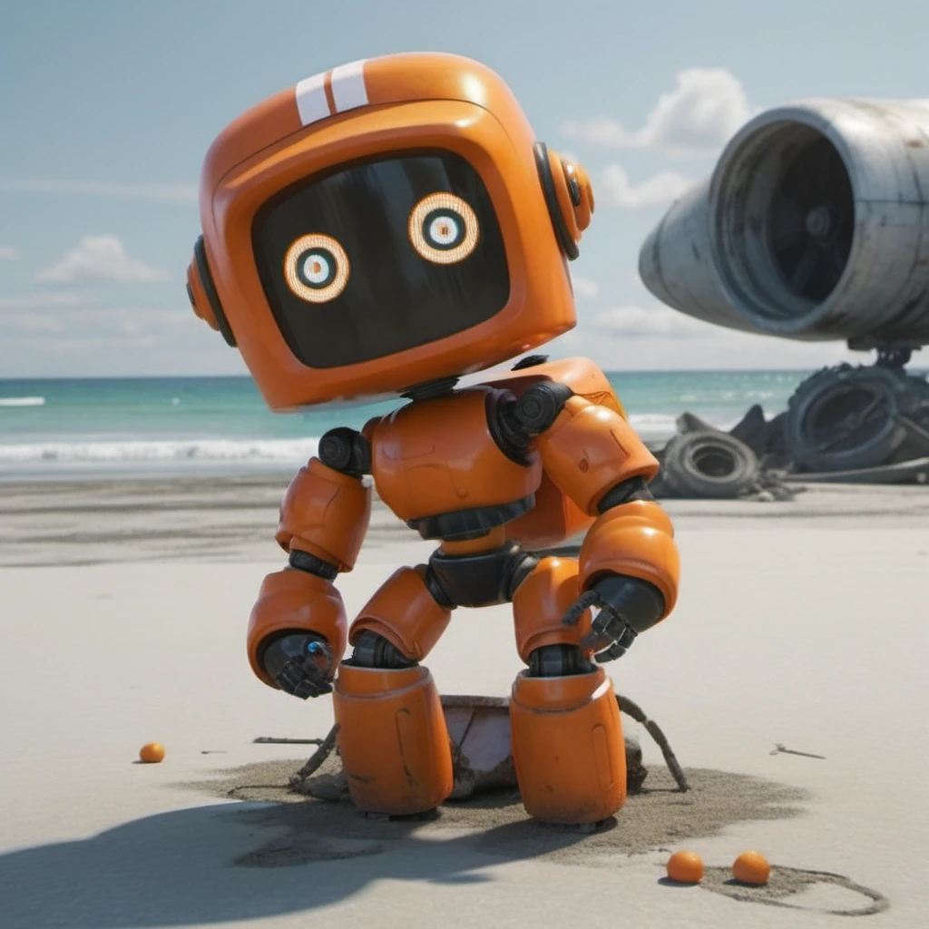 an orange robot, having a cocktail on a beach, post apocalyptic, crashed airplaine background, highly detailed, photography, ultra sharp, film, professional, 64k <lora:add-detail-xl:1.5> <lora:Orange Robot1024:0.6>