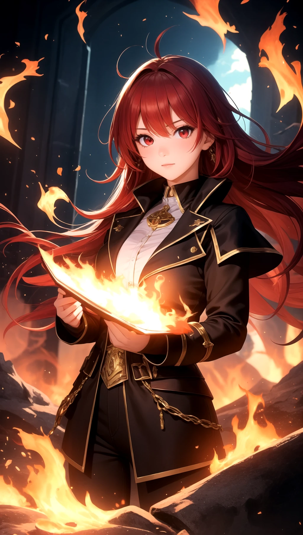 (masterpiece, best quality), 1girl, red hair, red eyes, fantasy, flames, burning, scenery, magic, light particle, messy hair,
