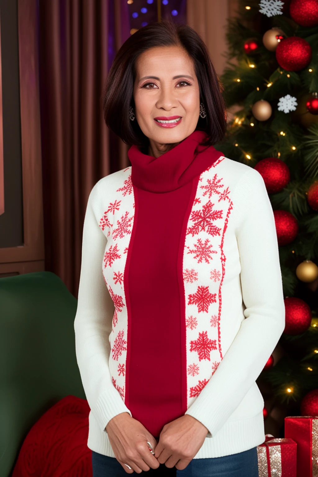 <lora:KimAnh:1> portrait of kimanh, 60 years old, christmas red sweater, turtleneck, christmas theme, snowflakes, christmas tree, warm lighting, night, best quality, highly detailed