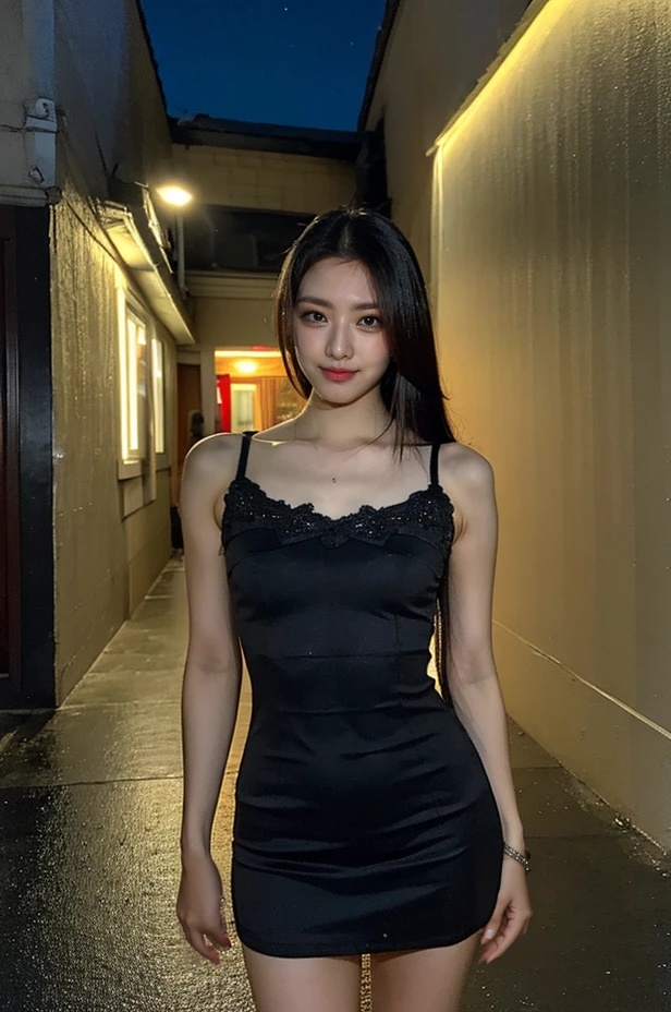 masterpiece, best quality, (((1girl))), solo, realistic, (intricate, highly detailed:1.2), ((looking at viewer)), photorealistic, (extremely detailed face), looking at viewer, ((ultra-detailed eyes and pupils)), black eyes, ultra detailed, (standing against a street at night), (night:1.5), ((tight dress)), smile, <lora:yunalorashyv1_5:1>,