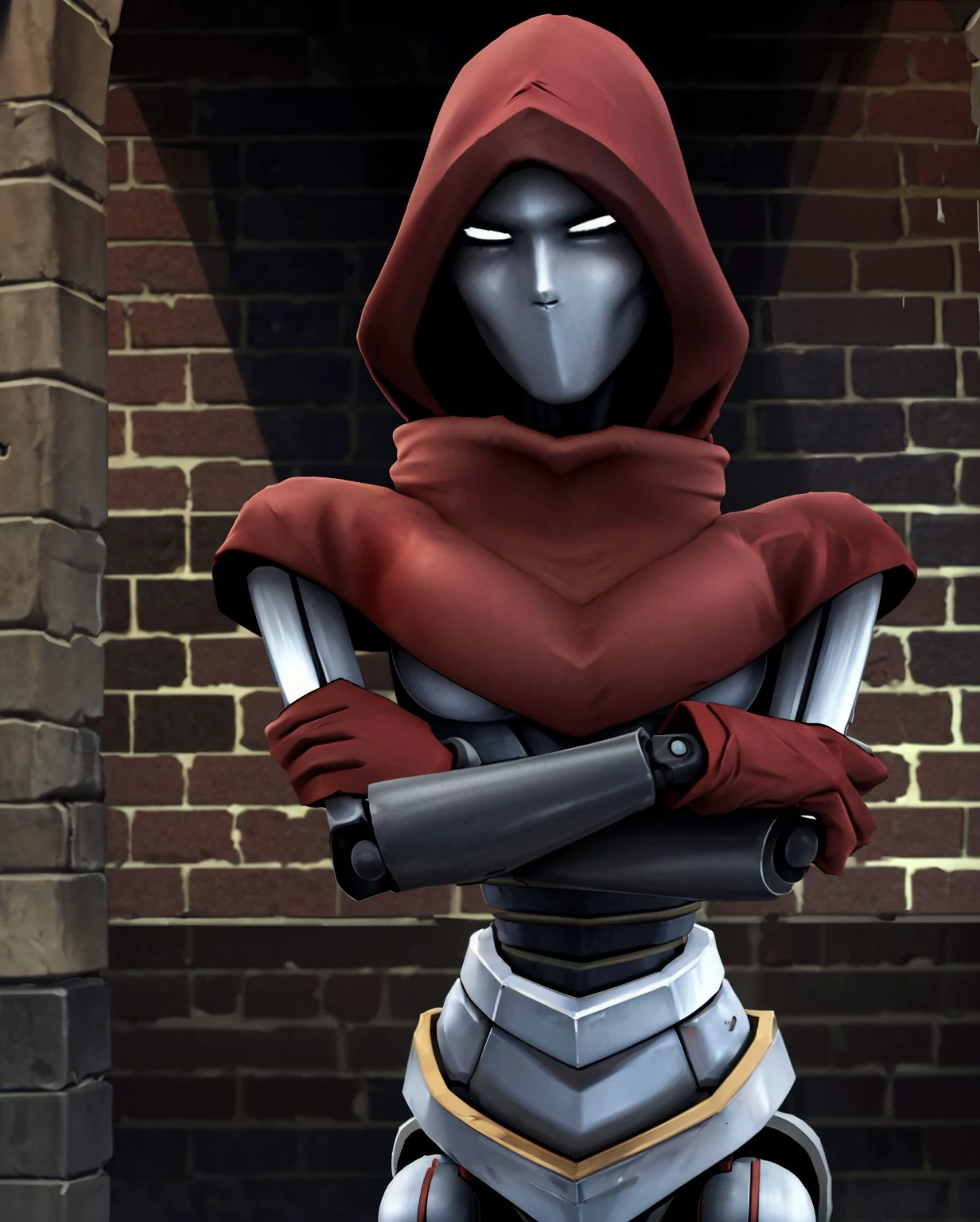 (intricately detailed, best quality, high resolution, highly detailed skin:1.4),
looking at viewer, (black stone brick wall, spotlight:1.2), <lora:gr373lTS-10(1):0.8> gr373lts, (feminine robot, mecha, robot joints:1.2), white eyes, bald, mouthless, (red gloves, cloak, hood, polished chrome skin:1.2), <lora:Mouthless_V1.2:1>, upper body, (arms crossed:1.4),