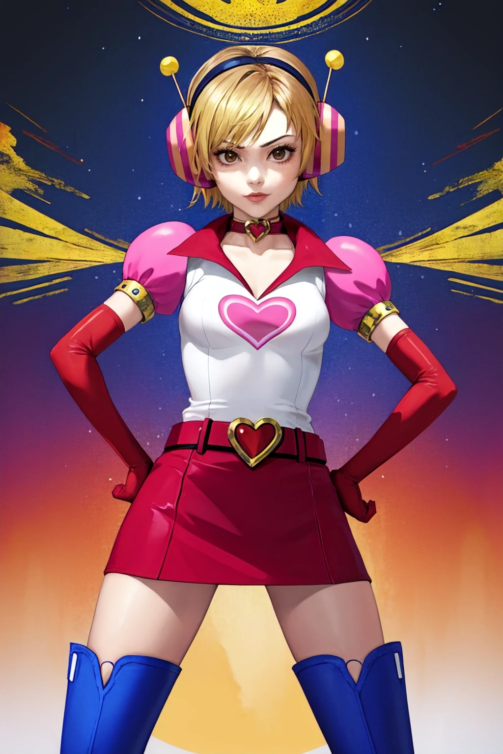 masterpiece, best quality, 1girl, solo, <lora:heathermason-sh-richy-v1_1:0.8> heatherpri, choker, headphones, magical girl, elbow gloves, belt, hands on hips, zettai ryouiki, blue boots