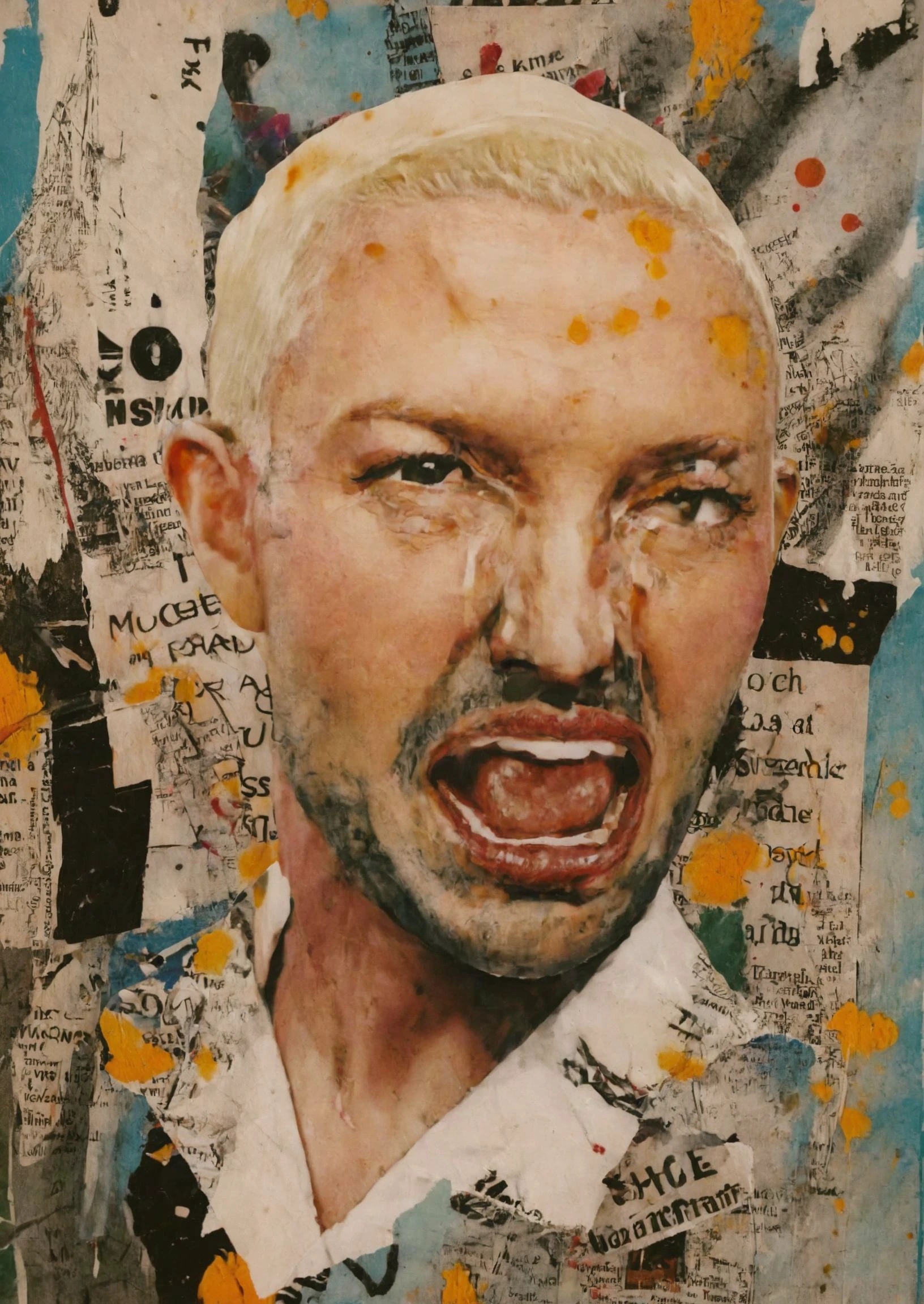 hinting at a complex and mind-bending psychological narrative. aw0k surreal collage, by Squeak Carnwath and (Joyce Kozloff:0.8) , [photograph, Macho Handsome Samurai ( cinematic photo bald man,yellow painted skin and head,male focus,beard,close up on face,funny smile,white shirt,40 y.o surrounded by shattered mirrors reflecting fractured identities and emotions, :1.2) , Black hair, Islandpunk, Fast Shutter Speed, Ilford FP4 125, Selective focus, Warm Colors::16],  <lora:collage9:0.9>