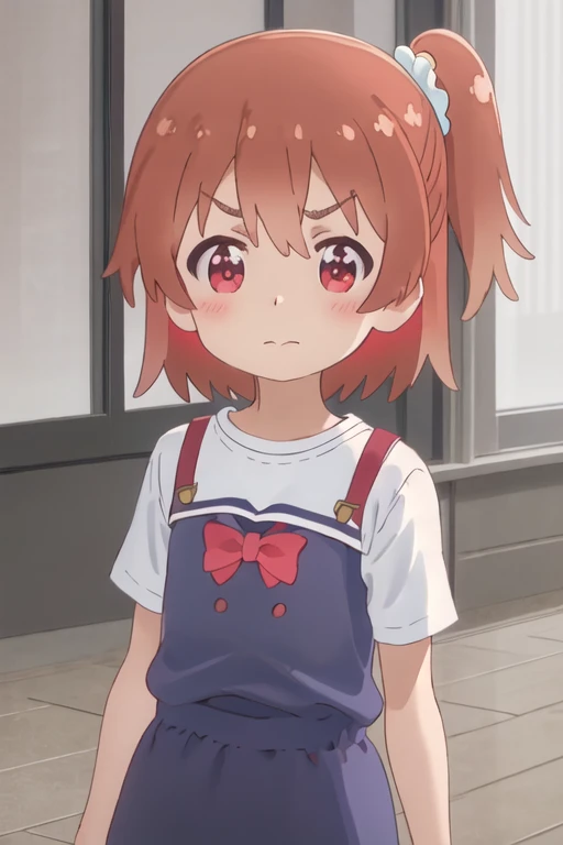best quality, masterpiece, highres, solo, {hinata_hoshino_watashinitenshigamaiorita:1.15}, brown_hair, blush, bangs, red_eyes, short_hair, closed_mouth, smile, female_child, one_side_up, hair_between_eyes, indoors, heart, shirt, side_ponytail, white_shirt, hair_ornament, scrunchie, upper_body, looking_at_viewer, outdoors, short_sleeves, 1girl, :o, camisole, child, frown, hair_scrunchie, solo_focus, tree, v-shaped_eyebrows