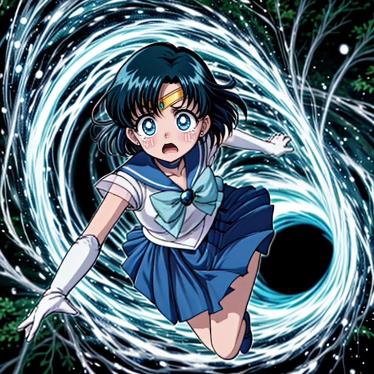((top quality, 8k wallpaper)),(masterpiece, best quality),extremely detailed,high definition,(official art:1.3),(((anime screencap,black outline))),<lora:more_details:0.3>,<lora:LCM_LoRA_Weights_SD15:1>,1girl,solo,scared,panicking,constricted pupils,screaming,raised eyebrows,wide-eyed,crying,tears,
<lora:mercury_v2:1>, mer1,tiara,sailor senshi uniform,blue sailor collar,bow,knee boots,choker,white gloves,blue choker,elbow gloves,jewelry,earrings,blue skirt,
BREAK
<lora:wormHole:0.4>,forest,grass,tree,river,surprised,floating,(glowing spiral hole),(((wormHoleAppear))),