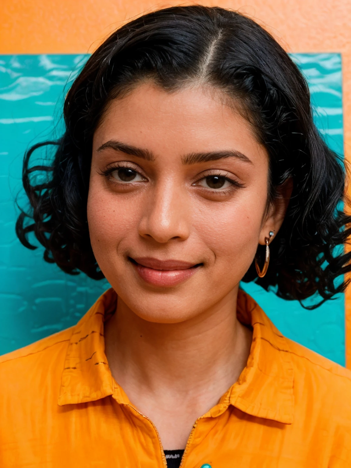 analog film photo solo, realistic, ((woman)), (((curly black hair))), (((smile512))), big smile, silver drop earrings, (((orange or yellow Flannel shirt, ripped jeans, sneakers))), ((Compose a breathtaking aerial view of the Maldives' luxurious overwater villas, showcasing their seamless integration with the pristine turquoise lagoon.)), ((orange pastel theme colorgrading)), <lora:PAseer-SD15-LCM Quick:1> <lora:ReaLora:.2> skin, <lora:ZStyle_-_Photography_Style:.3> zstyle, <lora:IN_-_Tina_Desai:1> tinadesai . faded film, desaturated, 35mm photo, grainy, vignette, vintage, Kodachrome, Lomography, stained, highly detailed, found footage
