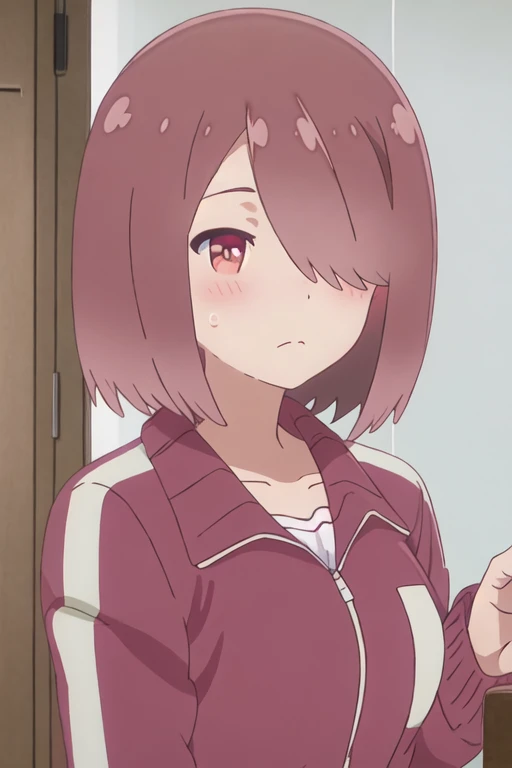best quality, masterpiece, highres, solo, {miyako_hoshino_watashinitenshigamaiorita:1.15}, brown_hair, short_hair, blush, hair_over_one_eye, red_eyes, bangs, closed_mouth