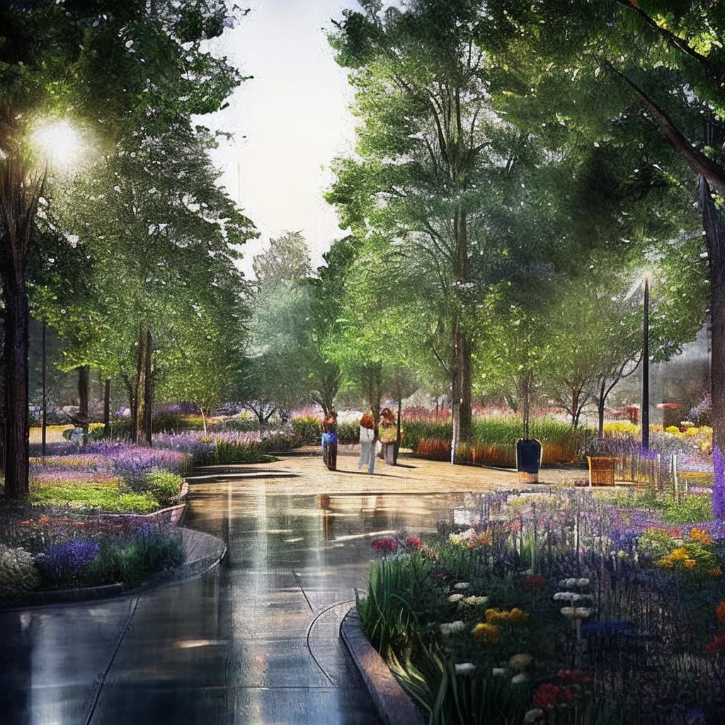 <lora:JJsLandscape_Render:.8>,((Landscape Render)) , ,realistic, best quality, masterpiece , ((soft lighting)), outdoors, tree, grass, bush, flower, walkway, park,paving,blue sky , fountain, lamp post,rainy day,(watercolor:0.5),
(high detailed), dslr, high quality, <lora:add_detail:0.8>