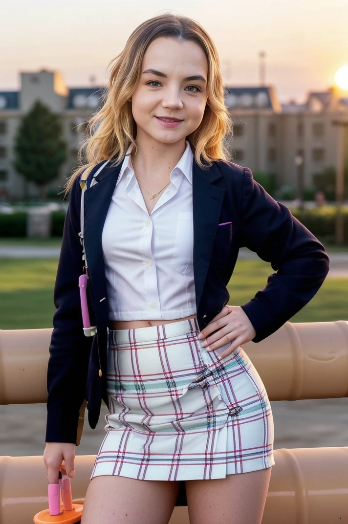 tvMona_Blue_v1, standing, on a beach, (((wearing a blazer, wearing a white shirt, wearing a pencil skirt))), full body shot, holding a briefcase, flirting with the camera, ((Photo Focus, DOF, Aperture, insanely detailed character, hypermaximalist, hyper realistic, )), ((golden hour)) tvMona_Blue_v1