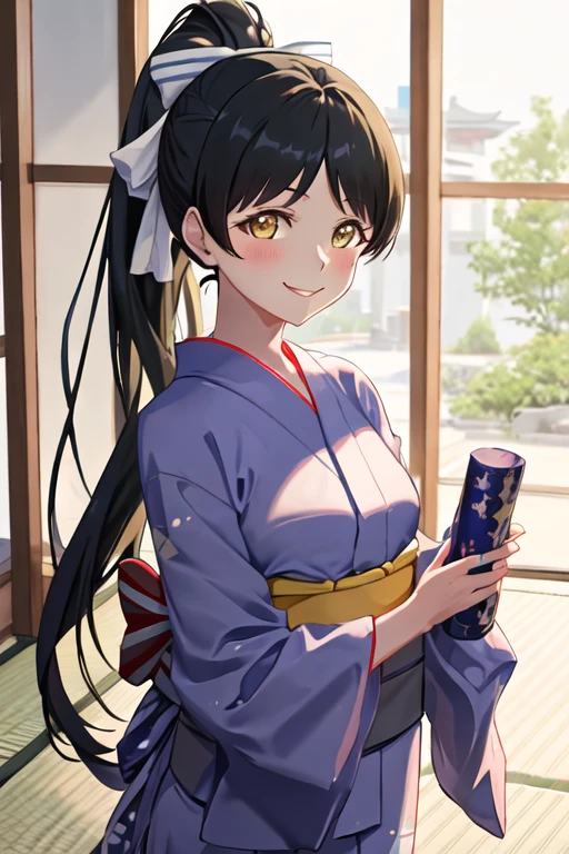 best quality, masterpiece, highres, solo, {yukata:1.40}, {kimono:1.20}, {hazuki_ren_lovelivesuperstar:1.15}, long_hair, bangs, yellow_eyes, black_hair, ponytail, high_ponytail, smile, blush, shiny_hair, birthday, ribbon, bow, breasts, hair_bow