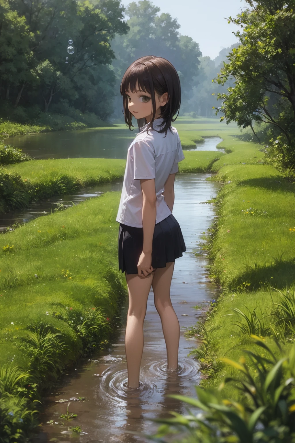 masterpiece, best quality, 1girl,Stream,Moss,small pebble,Forest,Short Skirt,???,Happy,Water,Bubble,paddy field, wangxi <lora:WangxiNAI:1>