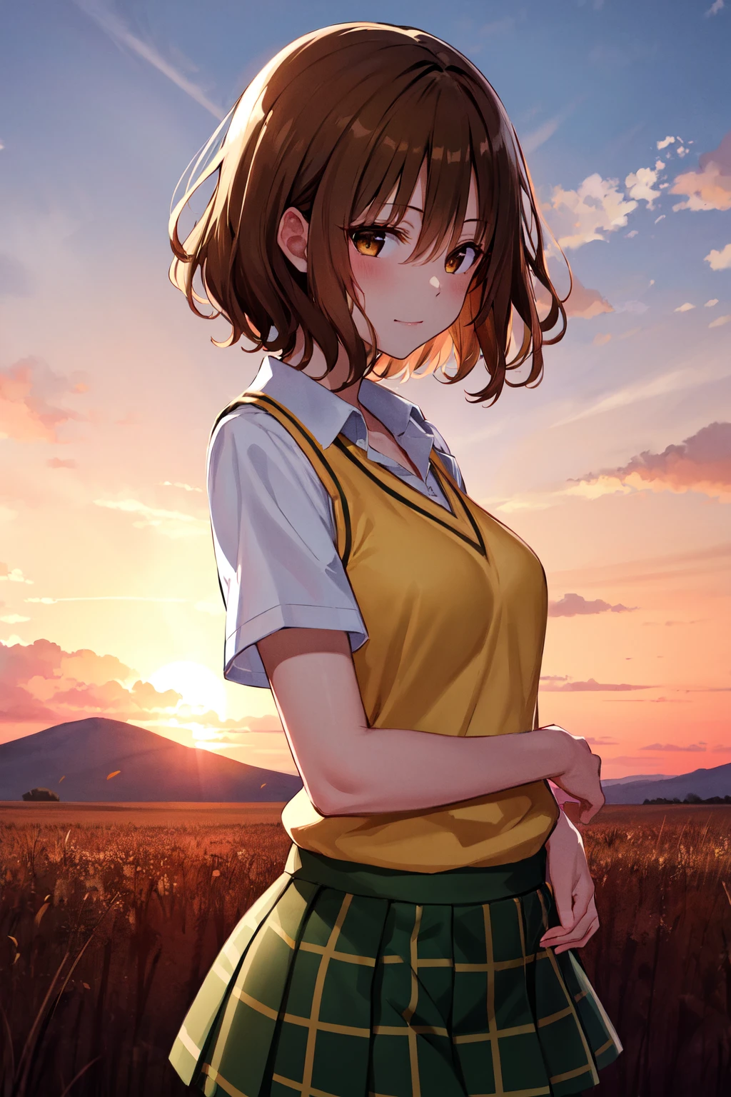 masterpiece, best quality, highres, 1girl, solo, short hair, brown hair, brown eyes, breasts, collarbone, school uniform, collared shirt, white shirt, sweater vest, (yellow vest:1.1), short sleeves, plaid skirt, green skirt, <lora:momioka_risa_v1:0.7>, from side, wind, field, sunset, standing