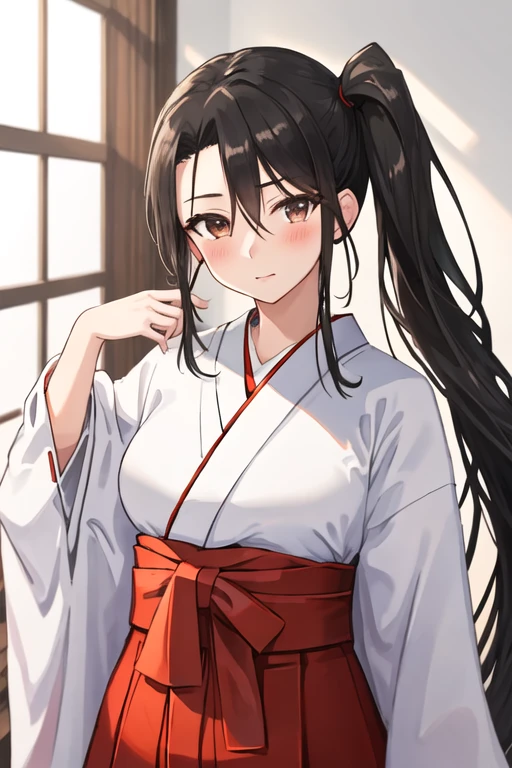 best quality, masterpiece, highres, solo, {white kimono:1.35}, {red hakama:1.35}, {wide sleeves:1.20}, {nachi_kantaicollection:1.15}, long_hair, black_hair, side_ponytail, brown_eyes, blush, hair_between_eyes, very_long_hair, breasts