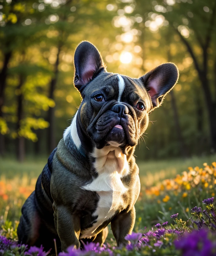 fr3nb7, Enchanted forest, spectacular light, upper body, Leaves, sunset, foglie, Colorful flowers, close portrait photo, Twilight, firelies, Green meadow, Ultra-HD-details, 200mm f/1.4