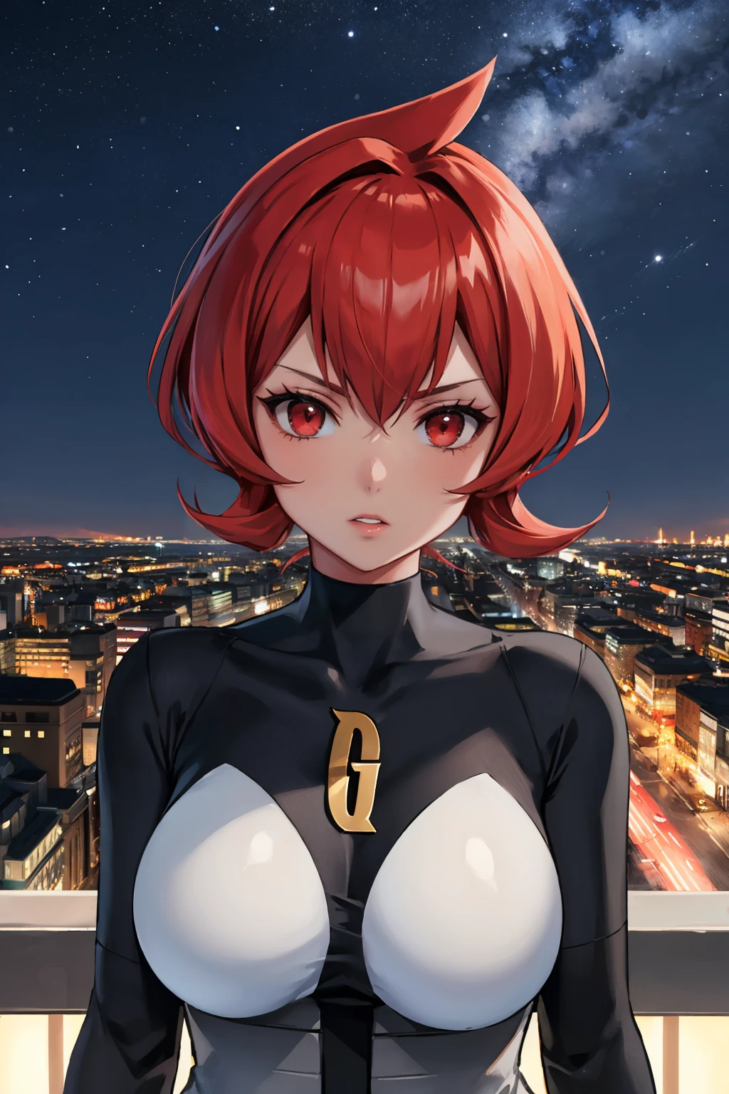 masterpiece, best quality, <lora:pkmnmars-nvwls-v1:0.9> pkmnmars, black and white dress, long sleeves, upper body, looking at viewer, large breasts, furrowed brow, night sky, city skyline