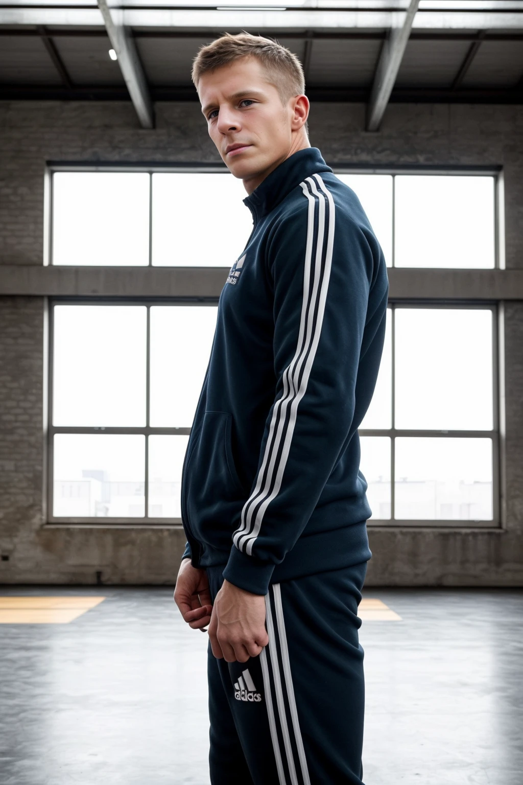 from the side, looking at the camera, hands in pocket, male focus, wearing an Adidas tracksuit, photo of sc_nxn  <lora:sc_nxn-07:0.85>, industrial warehouse with high ceilings and large windows, weights kettlebells gym machines in the background, soft diffused lighting, focused and determined expression