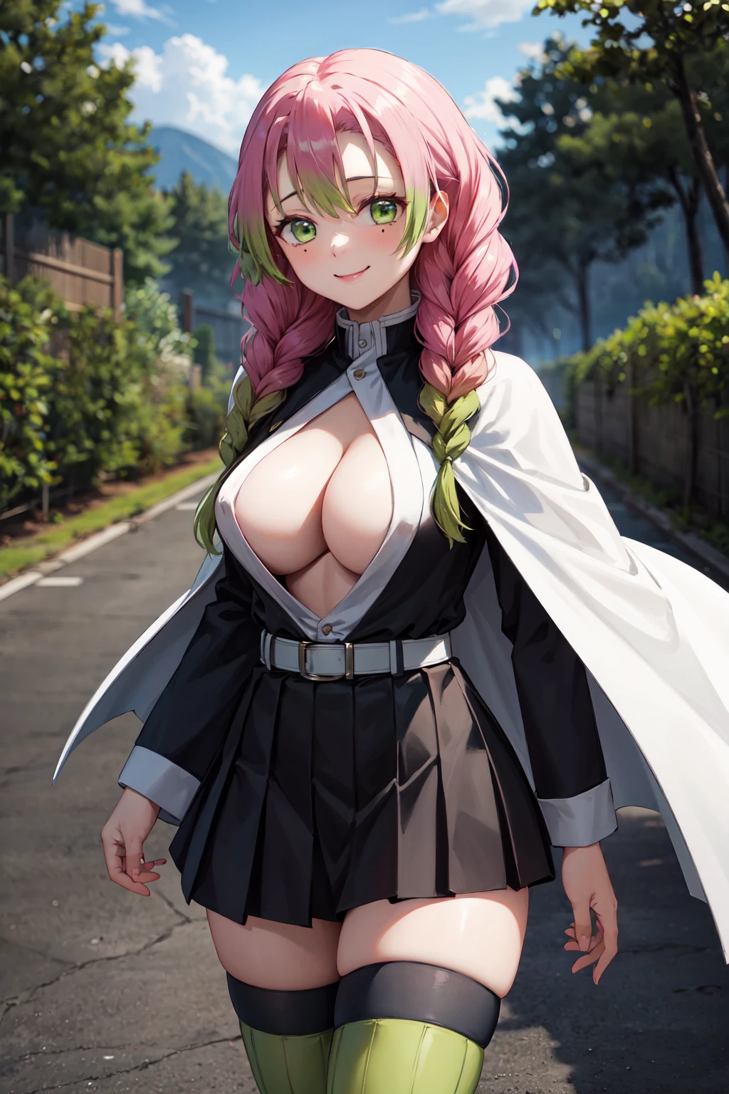 masterpiece,best quality,highres,ultra-detailed,aamitsuri,(mole under eye:0.8),multicolored hair,long hair,twin braids,bangs,cleavage,demon slayer uniform,haori,(white cape:1.2),japanese clothes,(black jacket:1.2),shirt,partially unbuttoned,long sleeves,belt,(black skirt:1.2),thighhighs,(green thighhighs:1.2),sandals,ribbed legwear,<lora:kanroji_mitsuri:0.8>,outdoors,cowboy shot,smile,standing,