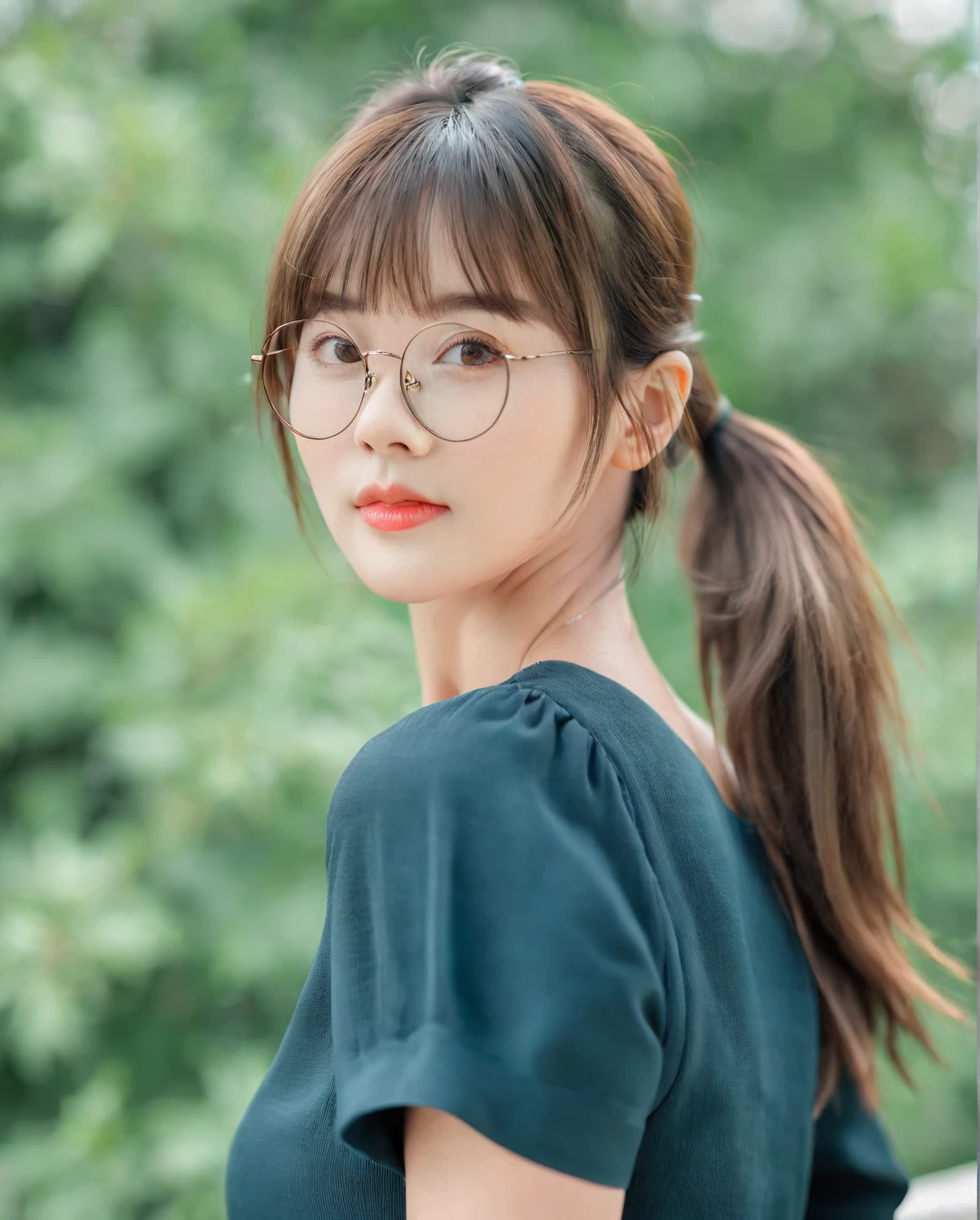 (best quality:1.4), (ultra highres:1.2), (photorealistic:1.4), (8k, RAW photo:1.2),(portrait shot:1.3), pinomyim, 1girl, solo, looking at viewer, bangs, brown hair, upper body, outdoors, blurry background, realistic, glasses, round eyewear, ponytail, realistic, long hair, Perfect Hands, <lora:neg4all_bdsqlsz_xl_V7:0.8>, <lora:Perfect Hands v2:0.8>, <lora:pinomyim-000050:0.5>