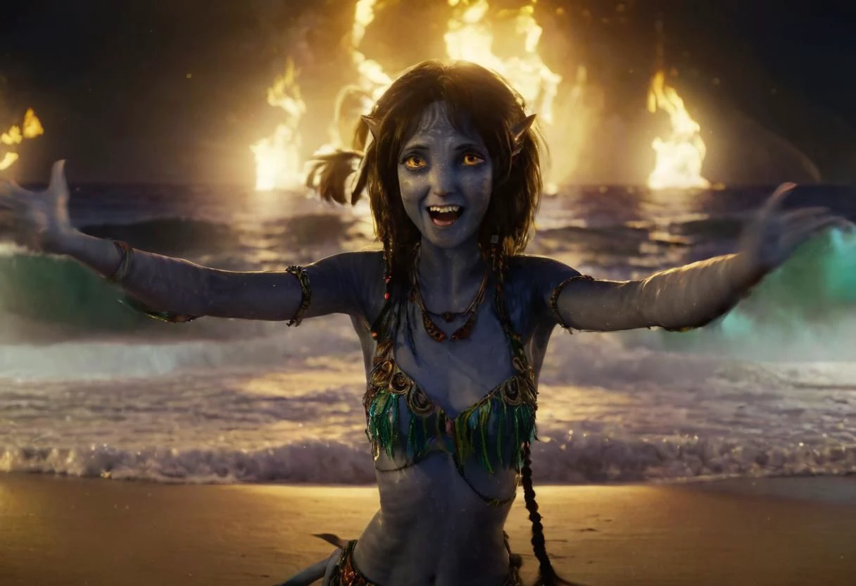 Kiri is dancing belly dance, in circle of her sisters on beach sand, full body, (hands above her head), smiling, laughing, big eyes wide open, sea with high surf on background, night, darkness, fires, SK_CINEMATIC