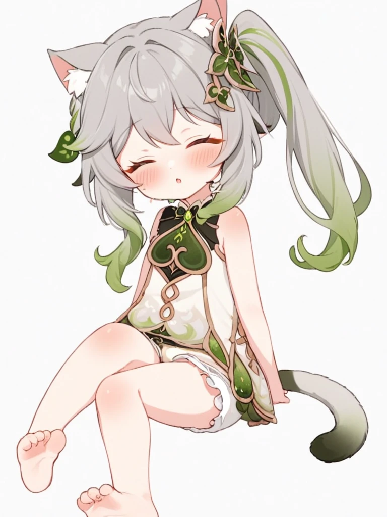 <lora:纳西妲:1>ï¼1girl, nahida_\(genshin_impact\), solo, closed_eyes, animal_ears, cat_ears, tail, cat_tail, blush, multicolored_hair, pointy_ears, sitting, simple_background, white_background, green_hair, side_ponytail, wariza, grey_hair, bloomers, bangs, gradient_hair, long_hair, cat_girl, kemonomimi_mode, white_dress, barefoot, white_bloomers, closed_mouth, hair_ornament, dress