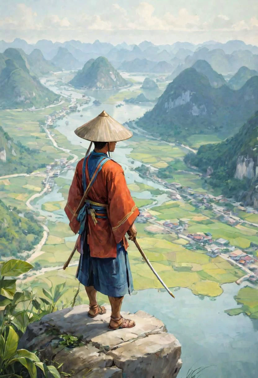 Watercolor illustration of ancient Vietnamese warrior, observing the horizon in Ha Long rocky valley