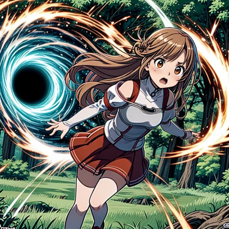 ((top quality, 8k wallpaper)),(masterpiece, best quality),extremely detailed,high definition,(official art:1.3),(((anime screencap,black outline))),<lora:more_details:0.3>,<lora:LCM_LoRA_Weights_SD15:1>,1girl,solo,scared,panicking,constricted pupils,raised eyebrows,wide-eyed,
<lora:asuna_(sao)_v1:0.7>,aaasuna,long hair,brown hair,braid,brown eyes,bare shoulders,armor,breastplate,white sleeves,detached sleeves,red skirt,pleated skirt,white thighhighs,
BREAK
<lora:wormHole:0.4>,forest,grass,tree,river,surprised,floating,(glowing spiral hole),(((wormHoleAppear))),