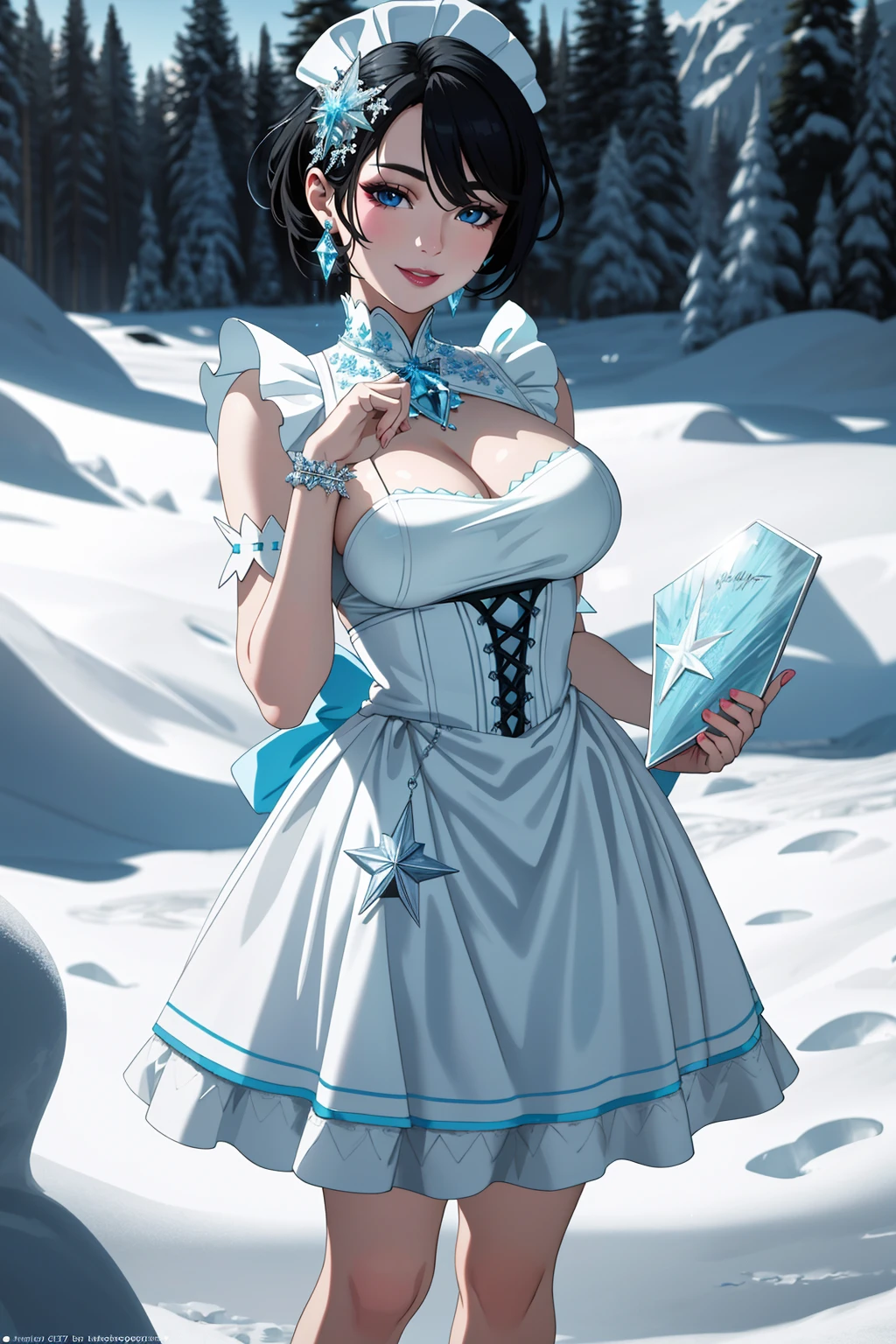 ((Masterpiece, best quality,edgQuality)),smiling,standing,posing for a picture,
edgApron, edgice, woman in a apron,ice,snow flakes ,wearing edgice edgApron
 <lora:edgIceAprons:1>