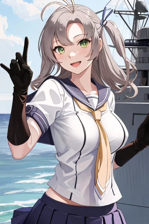 best quality, masterpiece, highres, solo, {kinugasa_kantaicollection:1.15}, green_eyes, grey_hair, antenna_hair, long_hair, breasts, smile, hair_tie, 1girl, black_gloves, blue_sailor_collar, brown_gloves, gloves, looking_at_viewer, necktie, one_side_up, purple_sailor_collar, sailor_collar, school_uniform, serafuku, skirt, yellow_necktie, blue_skirt, large_breasts, upper_body, ahoge, open_mouth, pleated_skirt, purple_skirt