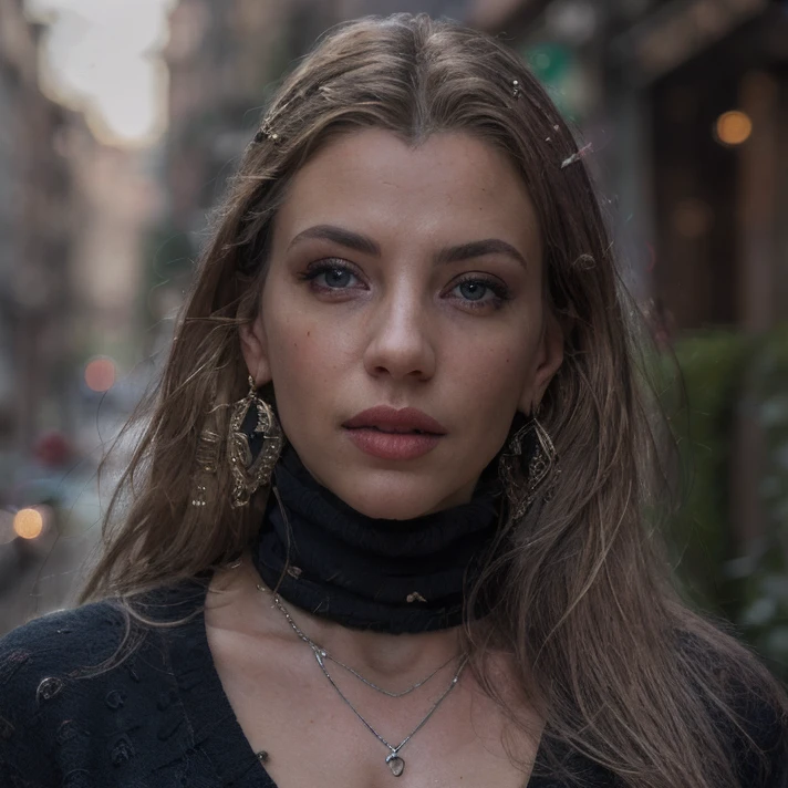 (masterpiece:1.2), (best quality,:1.2), 8k, HDR, ultra detailed, ((photorealistic)), professional light, cinematic lighting, fashion photography, ambient lighting, face lighting, Lara, <lora:Lara-10:1>, earrings, choker, dark makeup, wild and messy hair,  ((upper body shot)), dynamic pose, <lora:detail_slider_v4:2>, OverallDetail, fhanddetail:1.4, ffacedetail:1.4, skindetail, hairdetail, looking at viewer, epiCPhoto, turtleneck pullover