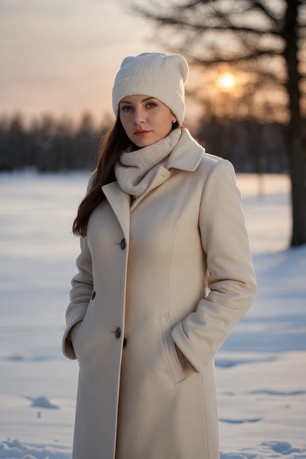 woman, evening, warm light, coat, frosty,