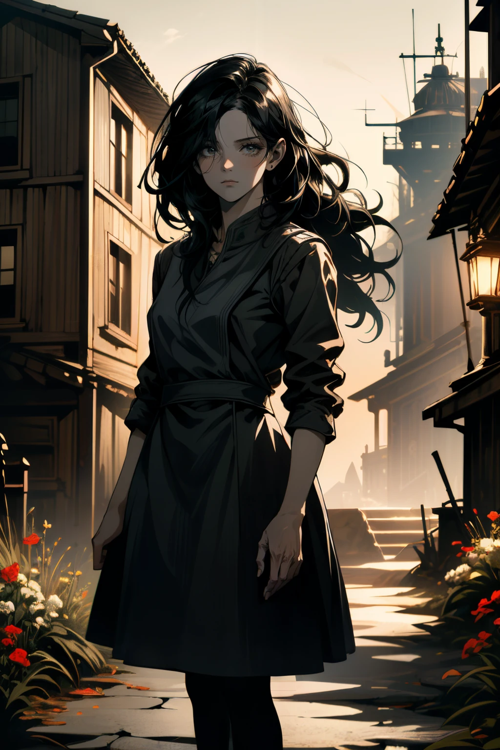 ((ultra detailed, masterpiece, absurdres))
<lora:RE7Eveline:0.9>
RE7Eveline, 1girl, solo, long hair, black hair, sitting in a garden, roses, colorful, sunrise, cinematic lighting