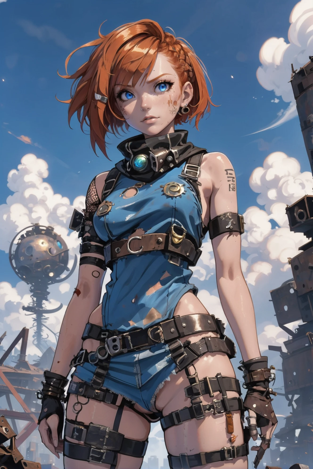minimalist anime style, post apocalyptic, scrap metal, tattered clothes, woman, solo, fishnets, ginger hair, Lob Cut, inventor, Peruvian, noon, blue sky, clouds, scenery, "at the Polished Astronomic Metropolis"<lora:EnvyWastelandWarriorXL01:0.8>