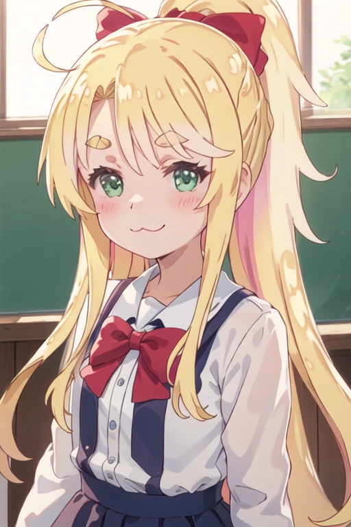 best quality, masterpiece, highres, solo, {noa_himesaka_watashinitenshigamaiorita:1.15}, blonde_hair, blush, long_hair, bangs, :3, bow, green_eyes, closed_mouth, hair_bow, red_bow, smile, ahoge, thick_eyebrows, ponytail, 1girl, blue_dress, dress, hairband, indoors, long_sleeves, school_uniform, shirt, red_hairband, female_child