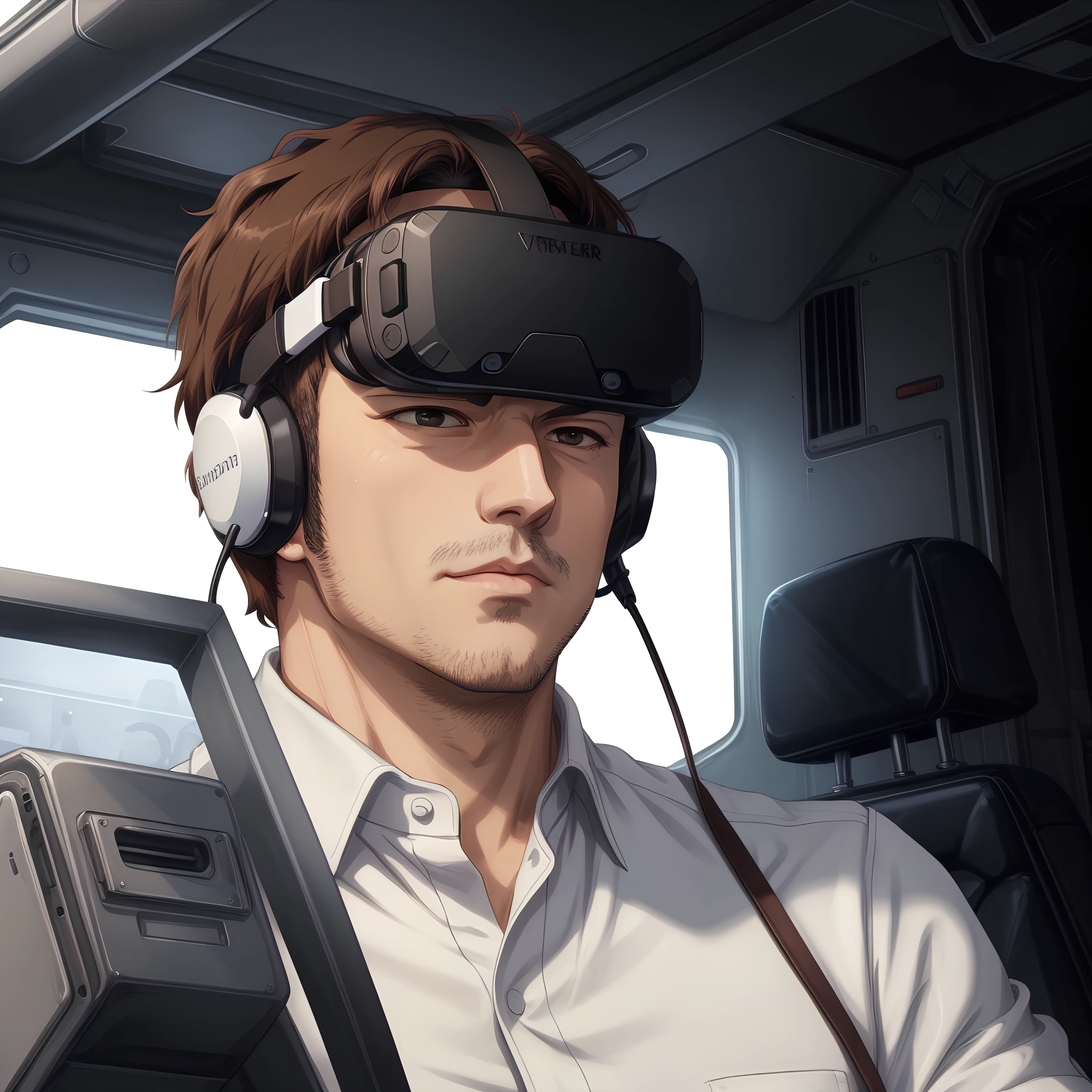anime, cinematic, <lora:more_details:0.5>, <lora:gundam personnel:0.4>, middle aged man, short brown hair, stubble, engineer, white shirt, rolled up sleeves, wearing vr headset, cockpit view