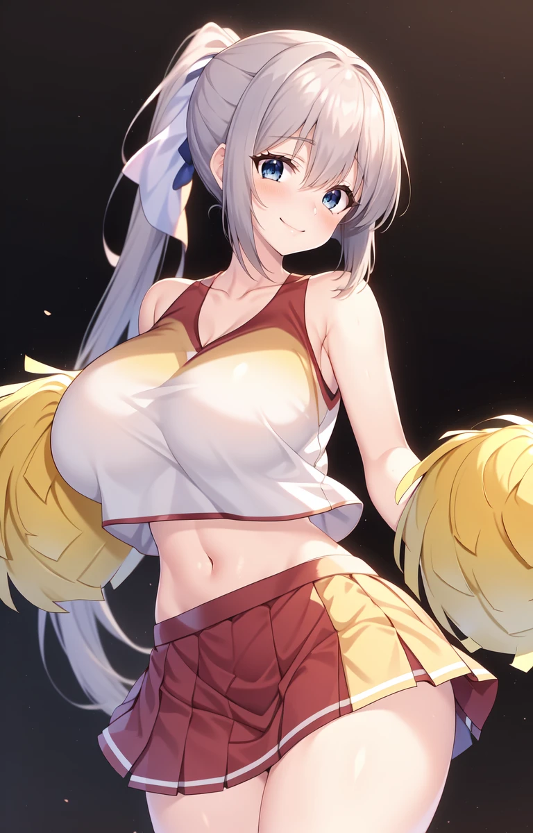 masterpiece, best quality, intricate, absurdres, cowboy shot, 1girl, solo, looking at viewer, <lora:Chieri_Shizukuishi:0.8>, Chieri Shizukuishi, silver hair, (gradient hair), (short bangs:1.2), blue eyes, large breasts, collarbone, navel, midriff, absurdly long ponytail, red skirt, pleated skirt, yellow pom pom (clothes), pom pom (cheerleading), holding pom poms standing, smile,