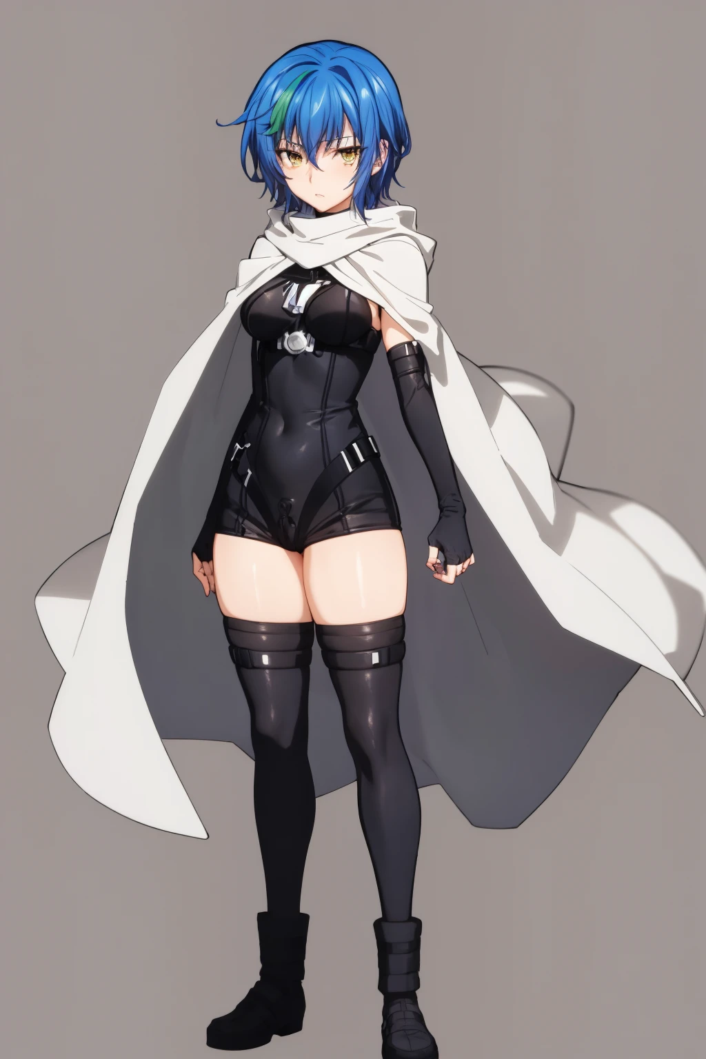 masterpiece, best quality, 1girl, xenovia, blue hair, streaked hair, hair between eyes, short hair, yellow eyes, cape, leotard, fingerless gloves, thighhighs, looking at viewer, solo, standing, full body, simple background <lora:Xenovia:1>