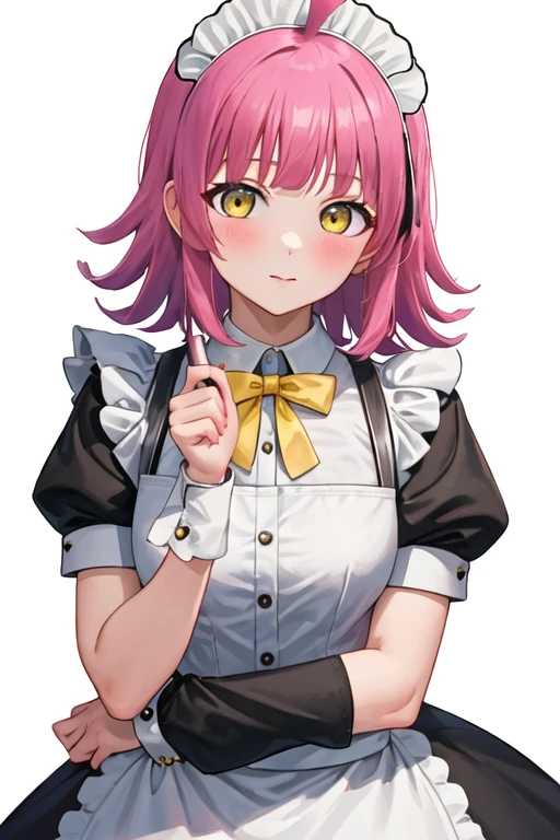 best quality, masterpiece, highres, solo, {maid:1.40}, {long maid dress:1.15}, {tennouji_rina_loveliveschoolidolfestivalallstars:1.15}, pink_hair, bangs, ahoge, blunt_bangs, yellow_eyes, short_hair, blush, blunt_ends