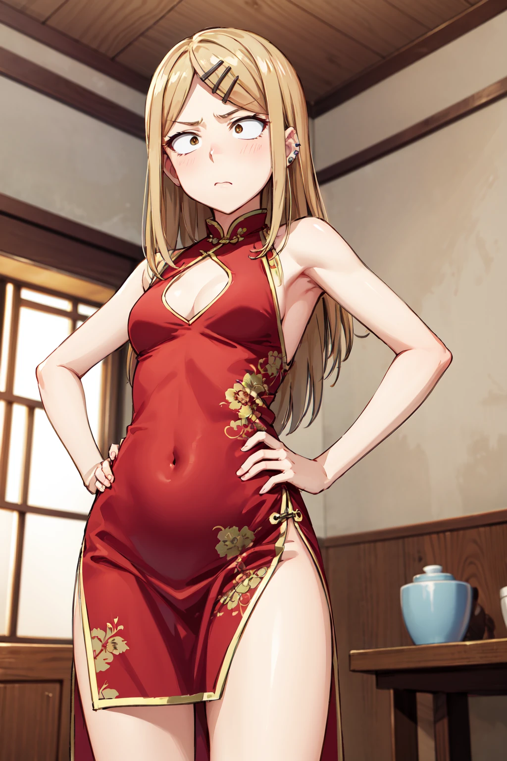 (masterpiece, best quality, ultra-detailed, high resolution, perfect anatomy, detailed, highres, extremely detailed, ultra detailed, very aesthetic:1), (kyoto animation:1.2), (soft shadows), (high quality skin), yuuki_yuna, Yuki Yuna is a brave man, (1girl, 独奏, hair ornament, red eyes, hair between eyes, White hair ribbon, bright red hair, side ponytail:1.1), standing, (red cheongsam, bare feet side:1)