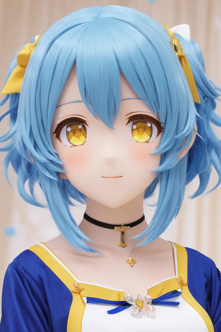 animegao cute girl, upper body, yellow eyes, blue hair <lora:agkr-sdxl-v1:1>