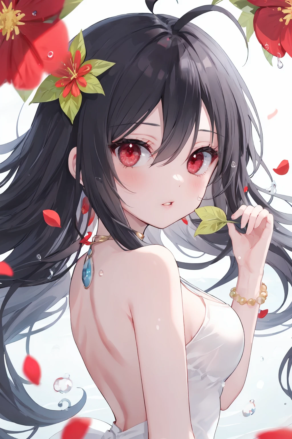 1girl, solo, black hair, long hair, bangs, pink eyes, large breasts, ((nude:1.4)), bracer, hair ornament, facing viewer, upper body, smile,
