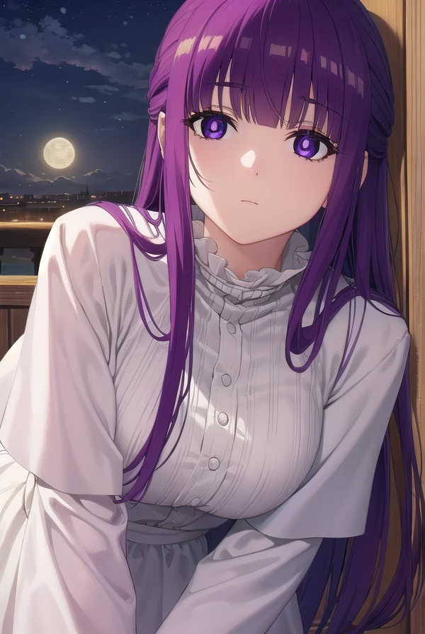 fern, <lora:fern s1-lora-nochekaiser:1>,
fern, long hair, bangs, (purple eyes:1.1), purple hair, sidelocks, blunt bangs, (bright pupils:1.5),
BREAK long sleeves, dress, white dress, long dress,
BREAK outdoor, night, sky, castle, moon, clouds,
BREAK looking at viewer, (cowboy shot:1.5),
BREAK <lyco:GoodHands-beta2:1>, (masterpiece:1.2), best quality, high resolution, unity 8k wallpaper, (illustration:0.8), (beautiful detailed eyes:1.6), extremely detailed face, perfect lighting, extremely detailed CG, (perfect hands, perfect anatomy),