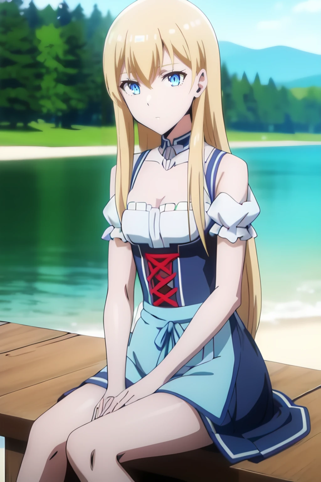 <lora:Roxy Hart_Zoryn2:0.7> roxy_hart, blonde_hair, long_hair, blue_eyes, 1girl, solo, bangs, hair_between_eyes, sitting on towel, park, lake <lora:Dirndl:0.7> dirndl, <lora:breastslider:2>, best_quality, highres, extremely_detailed, anime perfect detailed style, 8k, masterpiece, anime art style, anime coloring,
