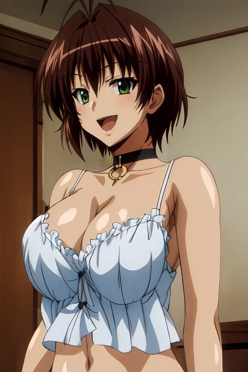 (masterpiece, best quality:1.2), highres, anime screencap, anime coloring, perfect lighting, 1girl, solo, smile, open mouth,
NGSanime_V2, brown hair, short hair, bangs, (antenna hair:0.8), green eyes, brown eyes, large breasts, collarbone, cleavage,
black choker, o-ring, bare shoulders, white camisole, midriff, navel,
standing,
looking at viewer, upper body, straight-on,
<lora:add_detail_CyberAlchemist:0.4>, <lora:GoodHands-beta2:0.8>, <lora:NGSanimeV2:0.85>