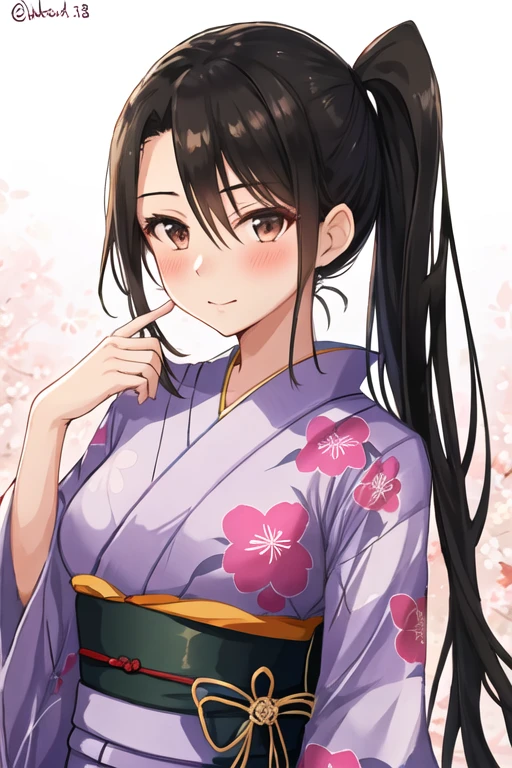 best quality, masterpiece, highres, solo, {nachi_kantaicollection:1.15}, long_hair, black_hair, side_ponytail, brown_eyes, blush, hair_between_eyes, very_long_hair, breasts, 1girl, alternate_costume, japanese_clothes, kimono, looking_at_viewer, one-hour_drawing_challenge, purple_kimono, yukata, twitter_username, floral_print, gradient_background, upper_body