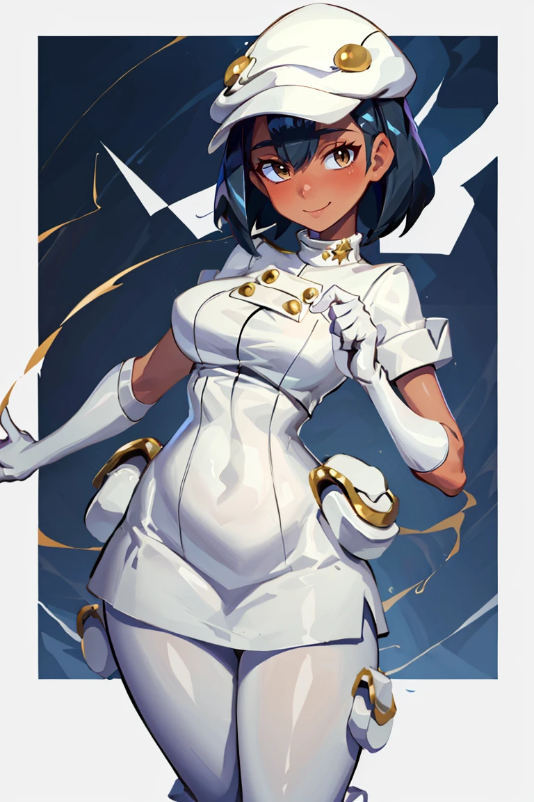 <lora:the_other_half_style:0.7>,((masterpiece,best quality)), absurdres, <lora:Aether_Foundation_Employee_Pokemon:0.8>, Aether_Foundation_Employee_Pokemon, solo, 1girl, dark skin, white cabbie hat, black hair, white uniform, white pantyhose, white gloves, solo, smiling, looking at viewer, cowboy shot