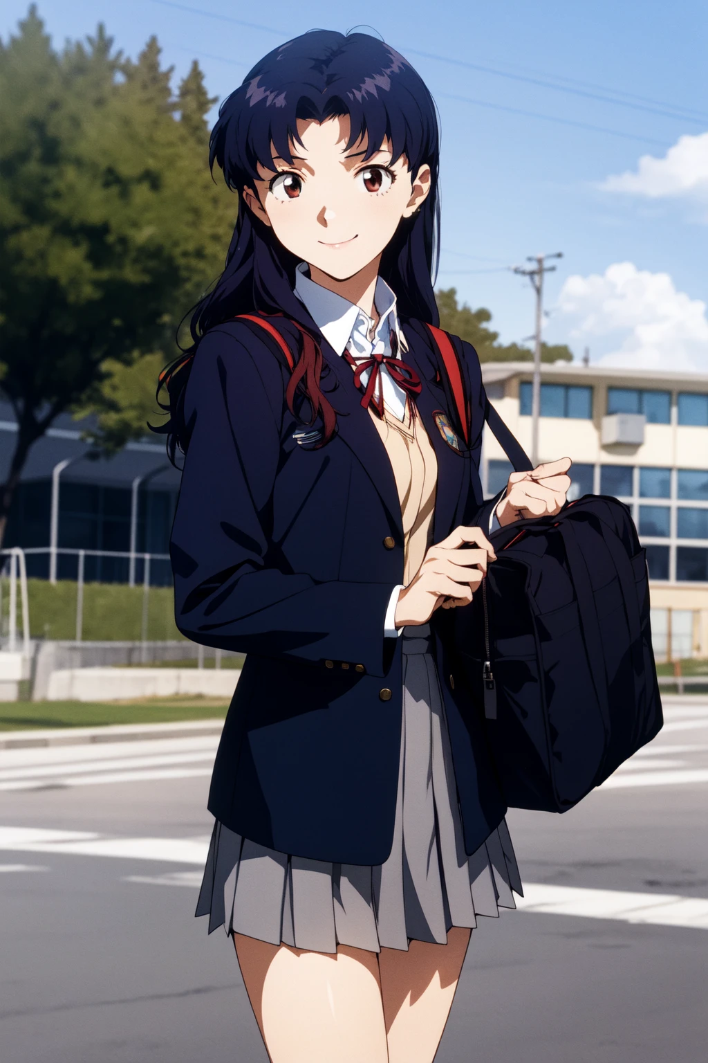 (RAW photo, best quality), 1girl, natural lighting, solo, light smile,
katsuragi misato, <lora:eva_katsuragi_misato_v1_2:1>,
high school girl, school uniform, school bag, black blazer, ribbon, outdoor,