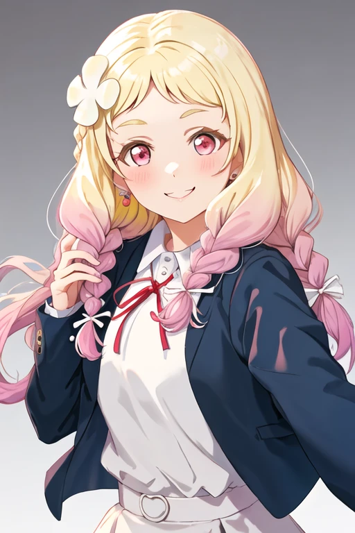 best quality, masterpiece, highres, solo, {onitsuka_natsumi_lovelivesuperstar:1.15}, blonde_hair, multicolored_hair, gradient_hair, pink_hair, braid, long_hair, twin_braids, pink_eyes, hair_ornament, smile, flower, hair_flower, blush, bangs, red_eyes, 1girl, blue_jacket, collared_shirt, dress, jacket, looking_at_viewer, neck_ribbon, red_ribbon, ribbon, school_uniform, shirt, white_shirt, yuigaoka_school_uniform, simple_background, white_background, long_sleeves, grey_dress, open_clothes, upper_body