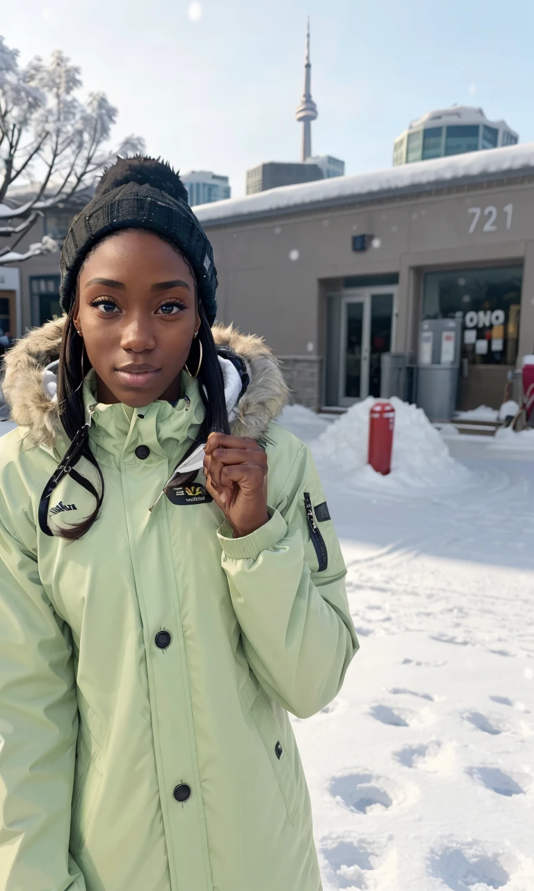 khamb2024, 1girl, best quality, masterpiece, 5 fingers, depth of field,5 fingers, raw photo, photorealistic, dark skin, turtleneck, parka, snow, toronto,